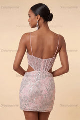 Floral Sparkly Blush Corset Tight Cut Out Short Homecoming Dress