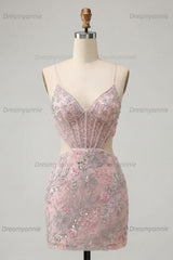 Floral Sparkly Blush Corset Tight Cut Out Short Homecoming Dress