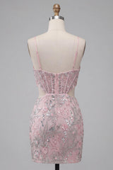Floral Sparkly Blush Corset Tight Cut Out Short Homecoming Dress