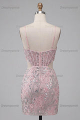 Floral Sparkly Blush Corset Tight Cut Out Short Homecoming Dress