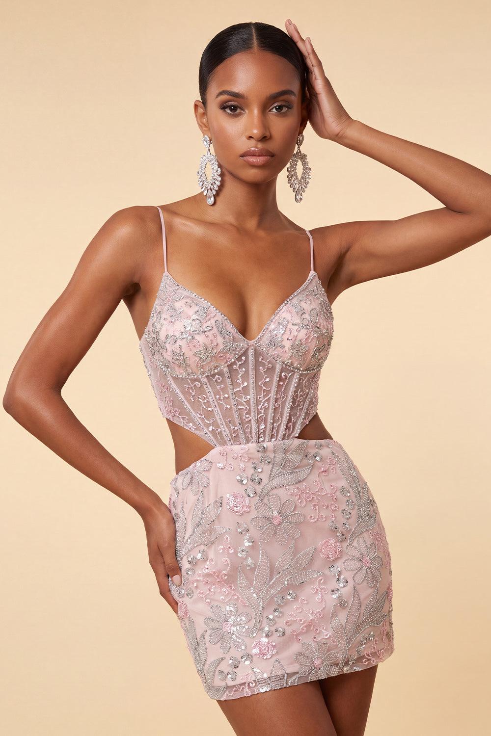 Floral Sparkly Blush Corset Tight Cut Out Short Homecoming Dress