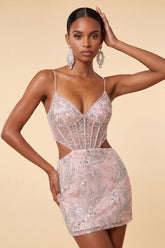 Floral Sparkly Blush Corset Tight Cut Out Short Homecoming Dress