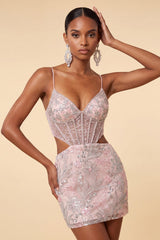 Floral Sparkly Blush Corset Tight Cut Out Short Homecoming Dress