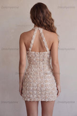 Floral Sparkly Champagne Sequin Tight Short Corset Homecoming Dress