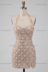 Floral Sparkly Champagne Sequin Tight Short Corset Homecoming Dress