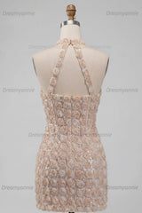Floral Sparkly Champagne Sequin Tight Short Corset Homecoming Dress