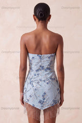 Floral Sparkly Dusty Blue Tight Sequins Short Homecoming Dress with Fringes