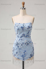 Floral Sparkly Dusty Blue Tight Sequins Short Homecoming Dress with Fringes