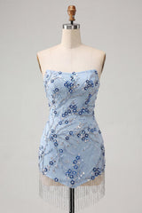 Floral Sparkly Dusty Blue Tight Sequins Short Homecoming Dress with Fringes