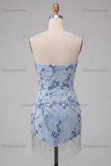 Floral Sparkly Dusty Blue Tight Sequins Short Homecoming Dress with Fringes