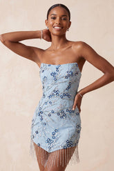 Floral Sparkly Dusty Blue Tight Sequins Short Homecoming Dress with Fringes