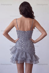 Floral Sparkly Dusty Lavender Sequin Tight Short Homecoming Dress with Ruffles