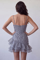 Floral Sparkly Dusty Lavender Sequin Tight Short Homecoming Dress with Ruffles