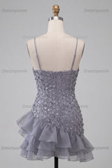 Floral Sparkly Dusty Lavender Sequin Tight Short Homecoming Dress with Ruffles
