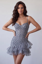 Floral Sparkly Dusty Lavender Sequin Tight Short Homecoming Dress with Ruffles