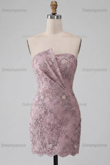 Floral Sparkly Fog Lace Strapless Tight Short Beaded Homecoming Dress