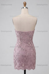 Floral Sparkly Fog Lace Strapless Tight Short Beaded Homecoming Dress