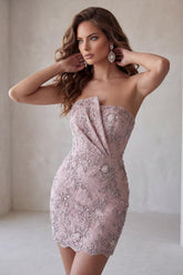 Floral Sparkly Fog Lace Strapless Tight Short Beaded Homecoming Dress