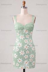 Floral Sparkly Green Sequins Tight Ruched Short Homecoming Dress