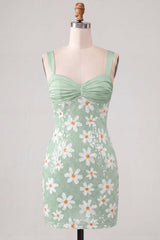 Floral Sparkly Green Sequins Tight Ruched Short Homecoming Dress