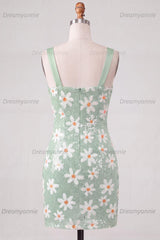 Floral Sparkly Green Sequins Tight Ruched Short Homecoming Dress