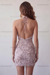 Floral Sparkly Halter Fog Tight Short Beaded Homecoming Dress