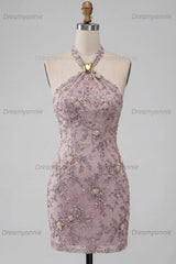 Floral Sparkly Halter Fog Tight Short Beaded Homecoming Dress