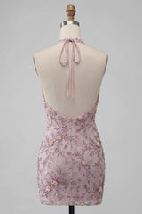Floral Sparkly Halter Fog Tight Short Beaded Homecoming Dress