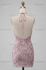 Floral Sparkly Halter Fog Tight Short Beaded Homecoming Dress