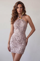 Floral Sparkly Halter Fog Tight Short Beaded Homecoming Dress