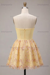 Floral Sparkly Light Yellow A-Line Sequin Short Homecoming Dress