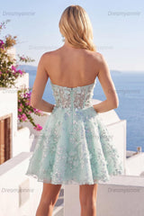 Mint Floral Sweetheart Beaded A-Line Corset Short Homecoming Dress