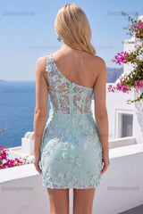 Mint Floral Beaded Keyhole Corset Tight Short Homecoming Dress with Slit