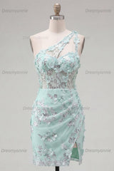 Mint Floral Beaded Keyhole Corset Tight Short Homecoming Dress with Slit