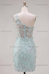 Mint Floral Beaded Keyhole Corset Tight Short Homecoming Dress with Slit