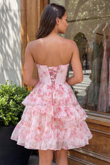 Floral Sparkly Pink Beaded Short Corset Homecoming Dress with Ruffles