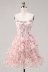 Floral Sparkly Pink Beaded Short Corset Homecoming Dress with Ruffles