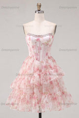 Floral Sparkly Pink Beaded Short Corset Homecoming Dress with Ruffles