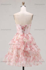 Floral Sparkly Pink Beaded Short Corset Homecoming Dress with Ruffles
