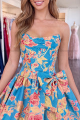 Floral Strapless Blue A-Line Short Homecoming Dress with Bow