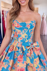 Floral Strapless Blue A-Line Short Homecoming Dress with Bow