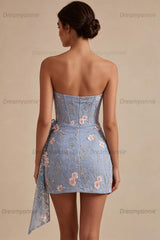 Floral Strapless Light Blue Beaded Tight Short Homecoming Dress