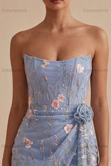 Floral Strapless Light Blue Beaded Tight Short Homecoming Dress