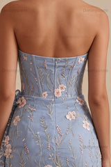Floral Strapless Light Blue Beaded Tight Short Homecoming Dress
