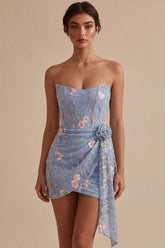 Floral Strapless Light Blue Beaded Tight Short Homecoming Dress
