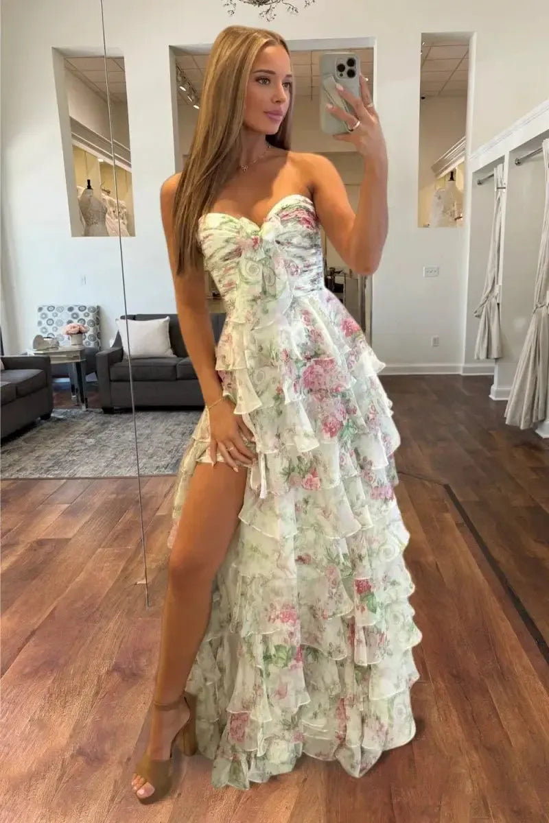 Floral Sweetheart Long Ruffled Chiffon Prom Dress With Slit Formal Evening Gown