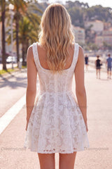 Floral White Beaded Lace Scoop Neck A-Line Short Homecoming Dress