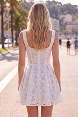 Floral White Beaded Lace Scoop Neck A-Line Short Homecoming Dress