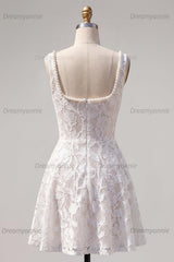 Floral White Beaded Lace Scoop Neck A-Line Short Homecoming Dress