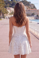 Floral White Lace A-Line Strapless Short Homecoming Dress with Bow